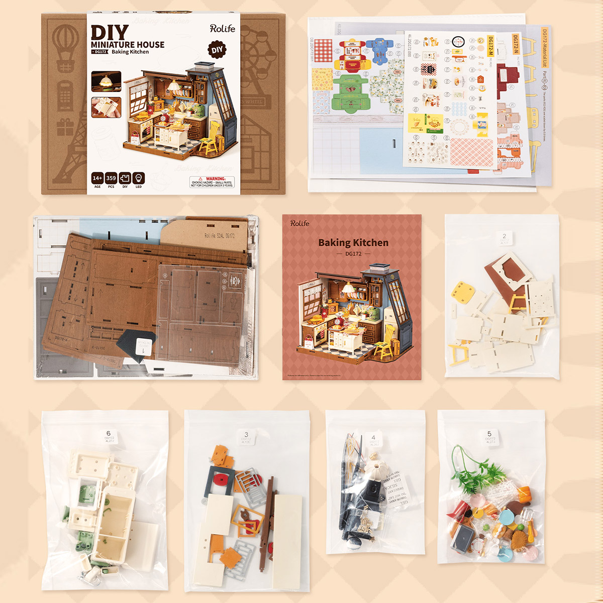 Übersicht über den Packungsinhalt und die Montagematerialien der Baking Kitchen DG172