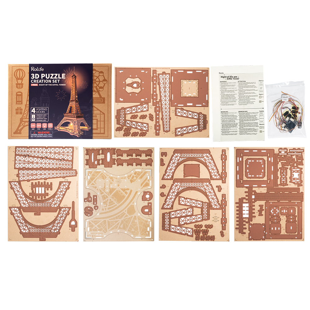 Rolife houten 3D-puzzel - Nacht van de Eiffeltoren TGL01 bouwpakketonderdelen lay-out grafisch