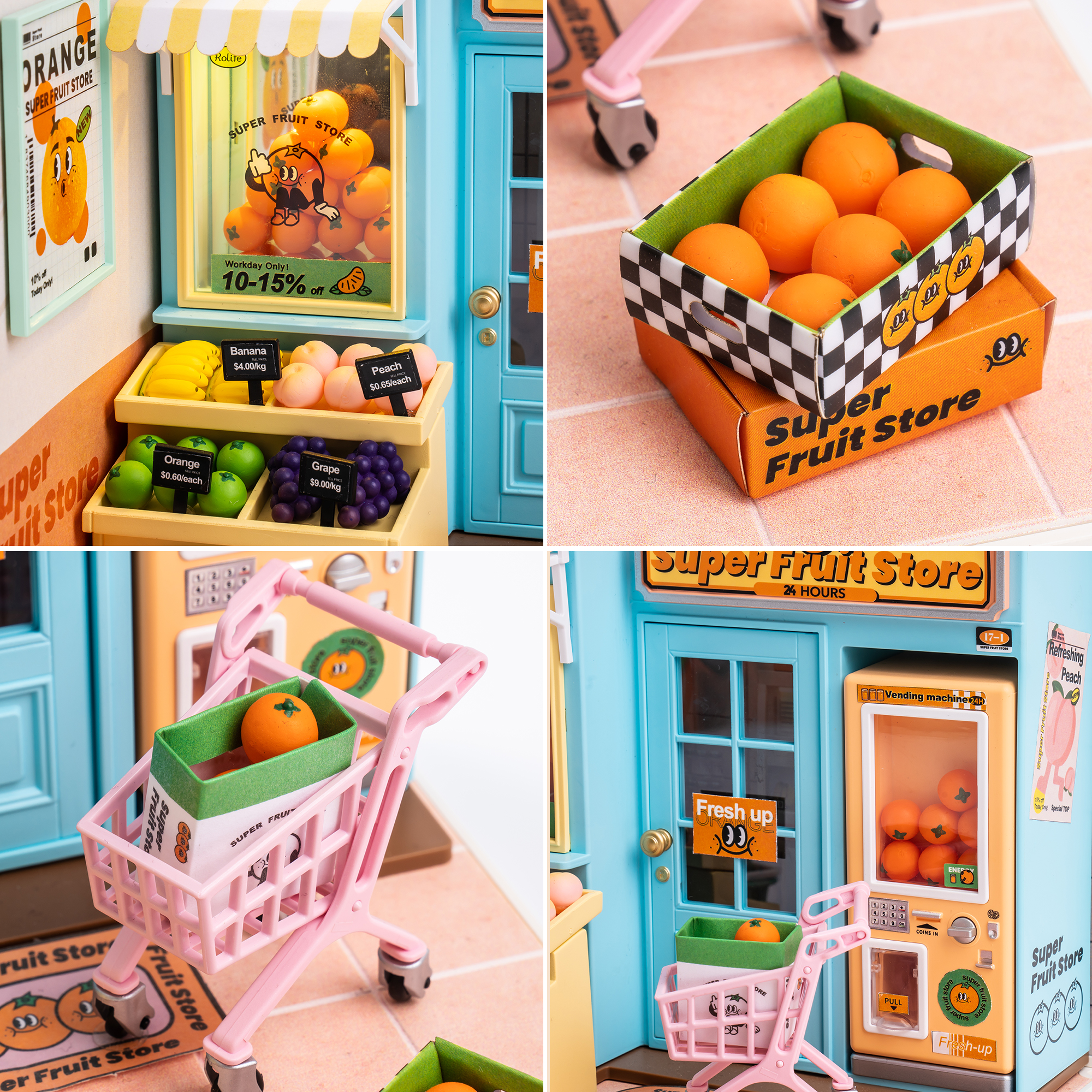 Rolife Super Fruit Store Super Creator Miniatuurhuis DW003 detailcollage met fruitmand en winkelpui
