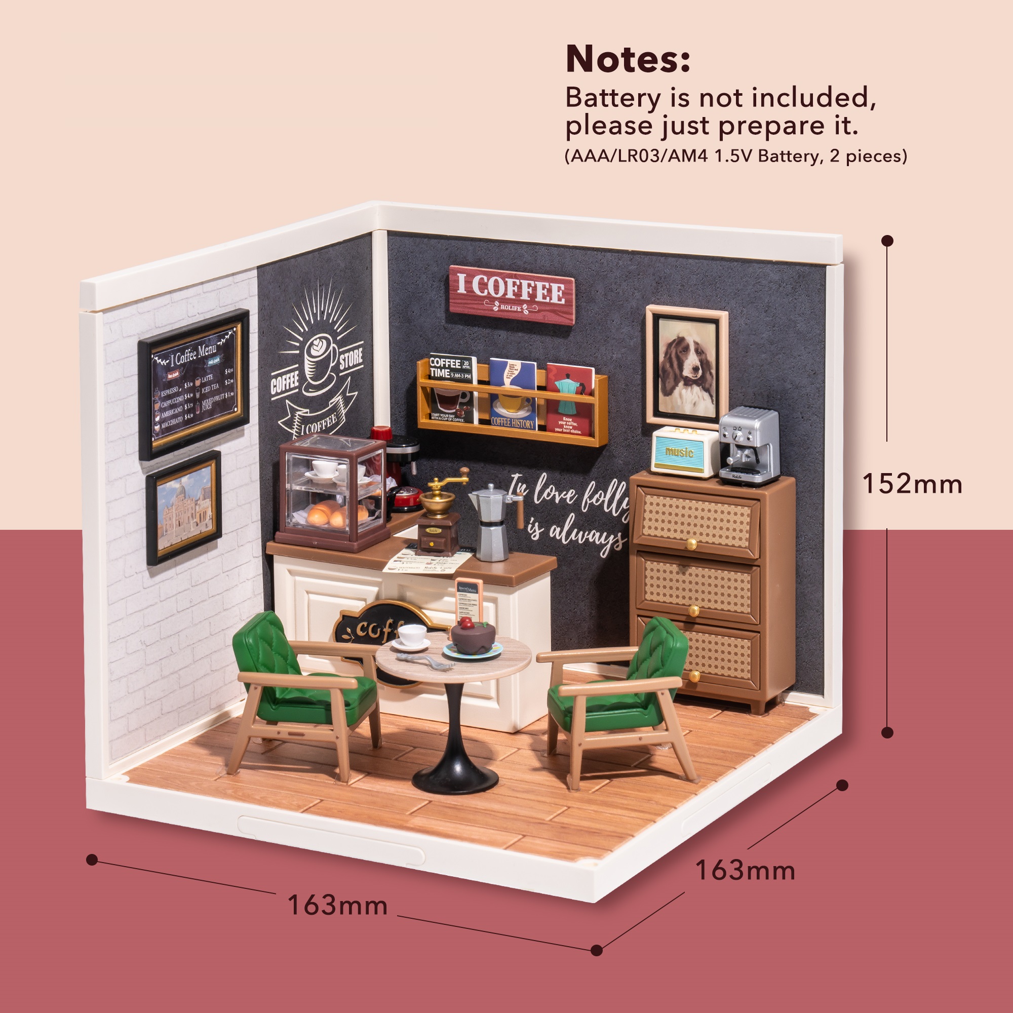 Rolife Daily Inspiration Cafe Super Creator Miniature House DW001B formaat grafisch met afmetingen van 6,4 x 6,4 x 6 inch afgebeeld