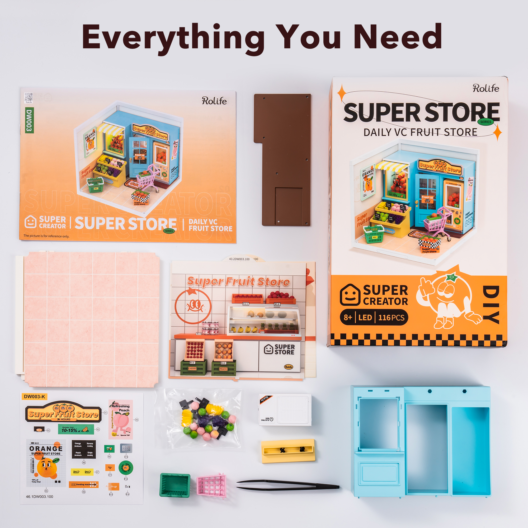 Rolife Super Fruit Store Super Creator Miniature House DW003 bevatte grafische onderdelen en accessoire-indeling