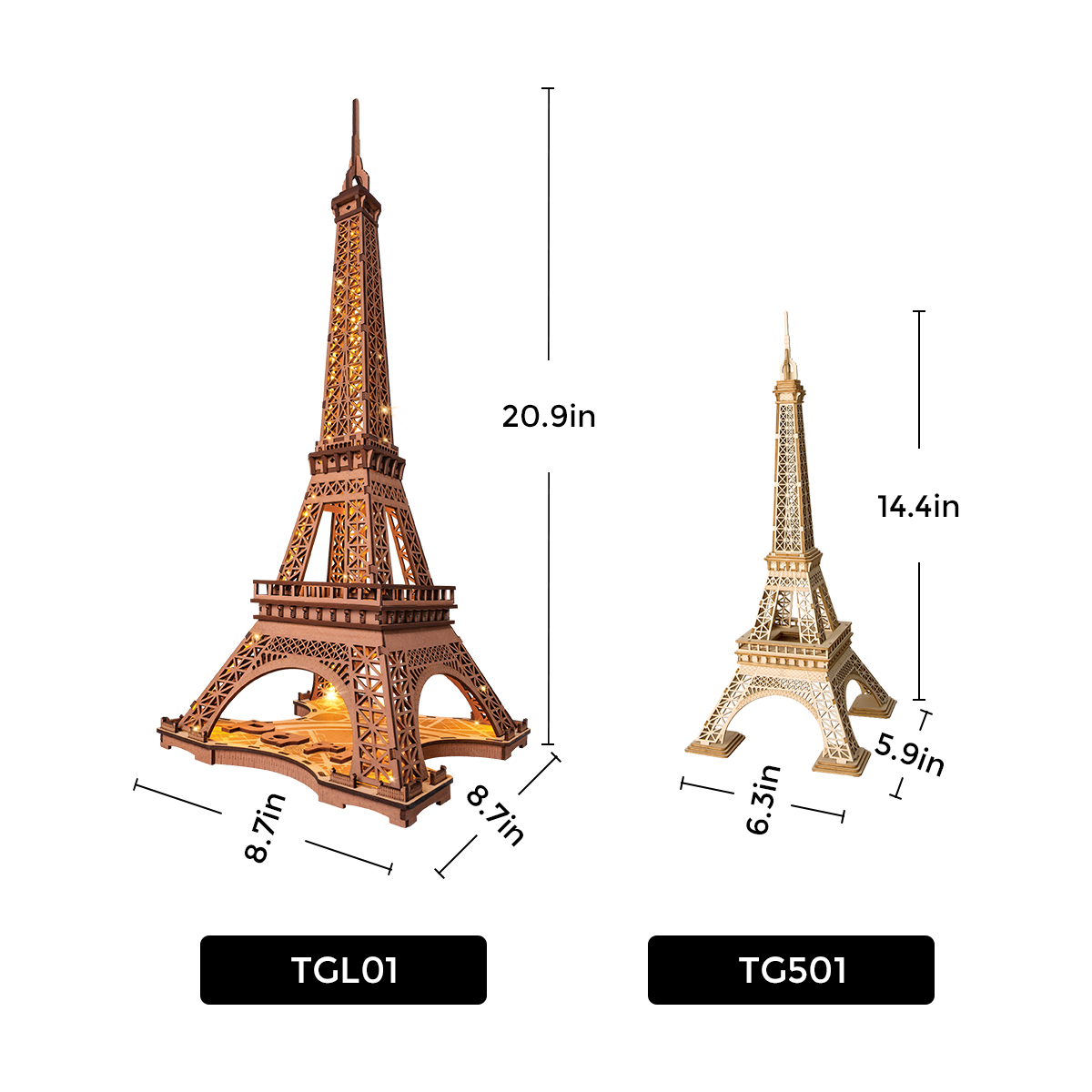 Rolife houten 3D-puzzel - Nacht van de Eiffeltoren TGL01 afbeelding op formaat met afgebeelde afmetingen TGL01 en TGS01