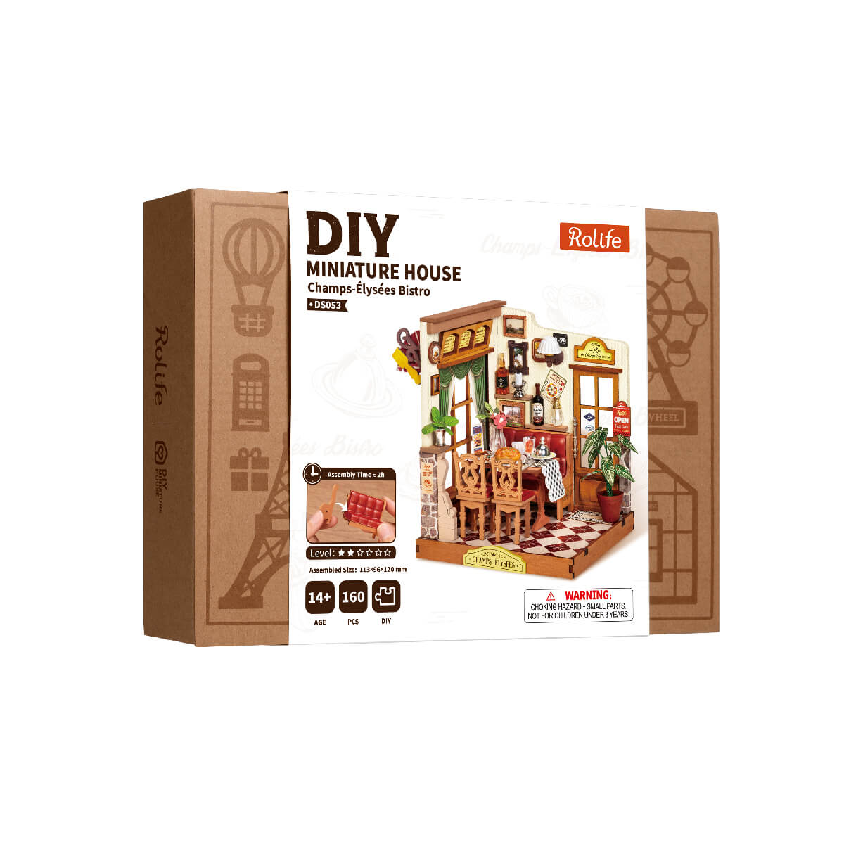 Rolife Champs-Elysees Bistro DS053 pakket naast voltooid miniatuur restaurantmodel