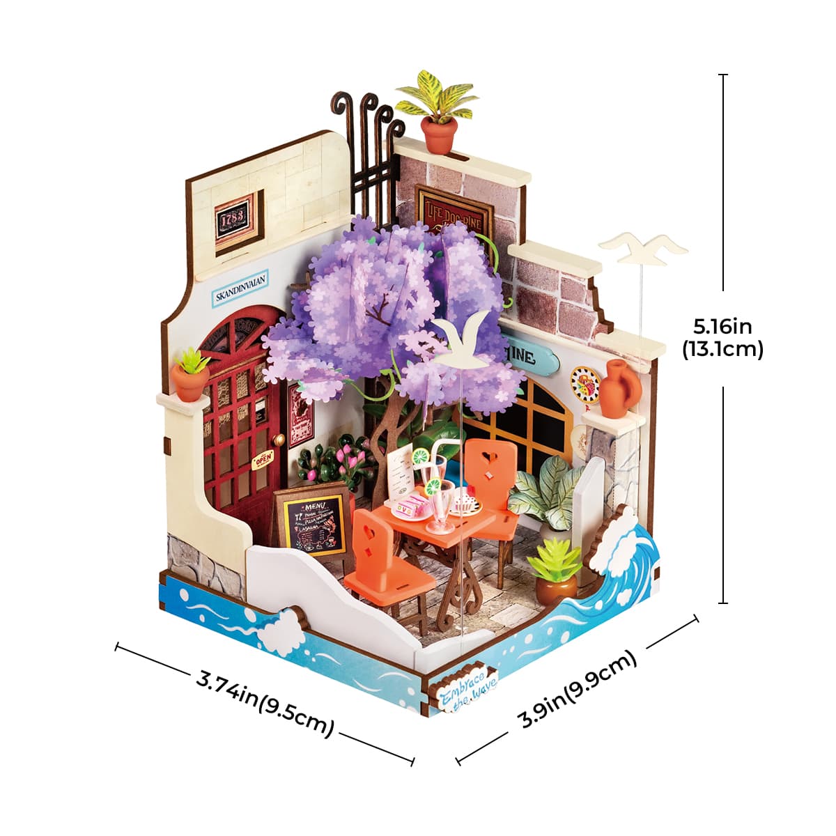 Rolife DIY-miniatuurhuis - Sea Holiday Restaurant DS039 maatafbeelding met weergegeven afmetingen