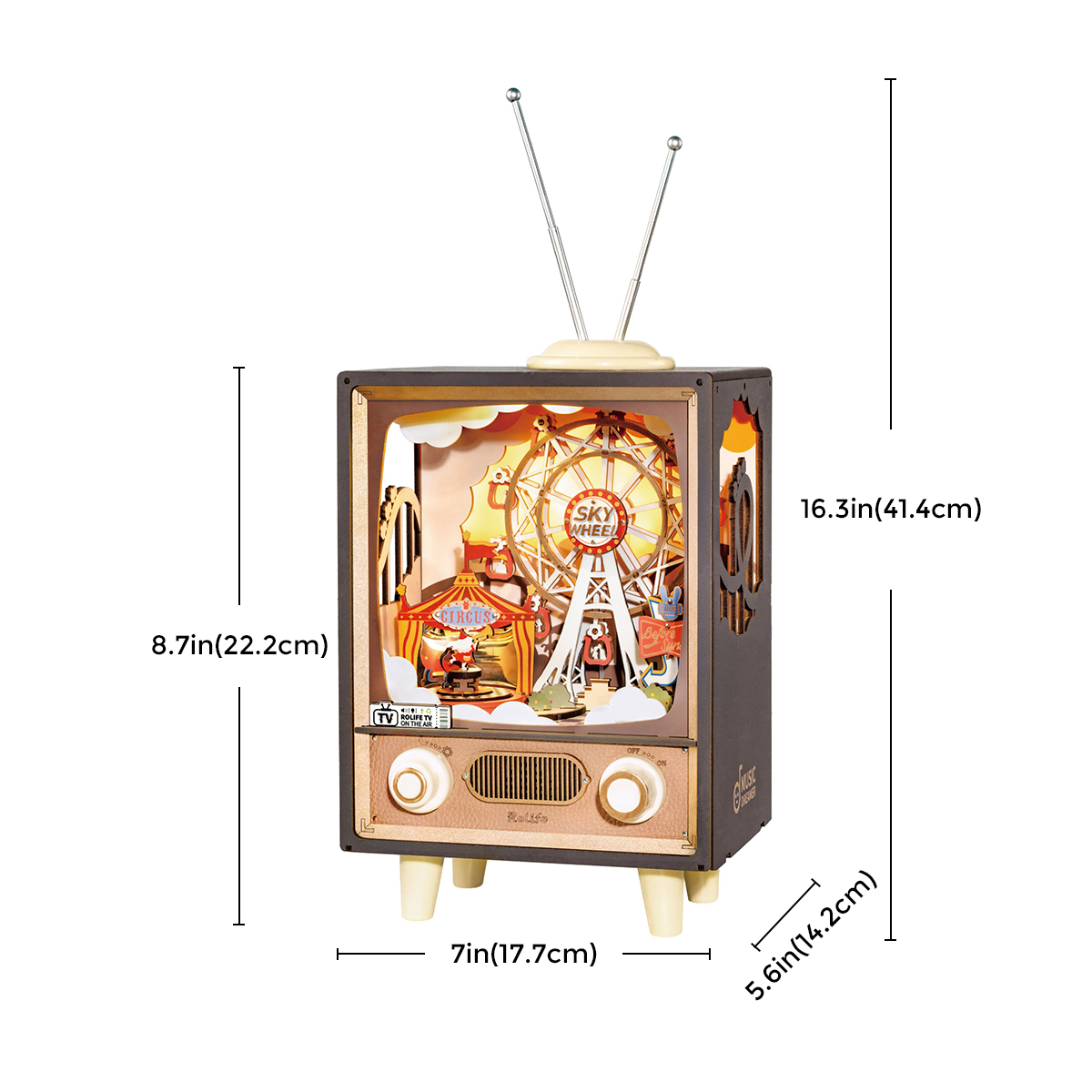 Rolife DIY-muziekdoospuzzel - Sunset Carnival AMT01 grafische afbeelding met afmetingen van 6,7 x 7,0 x 8,7 inch weergegeven