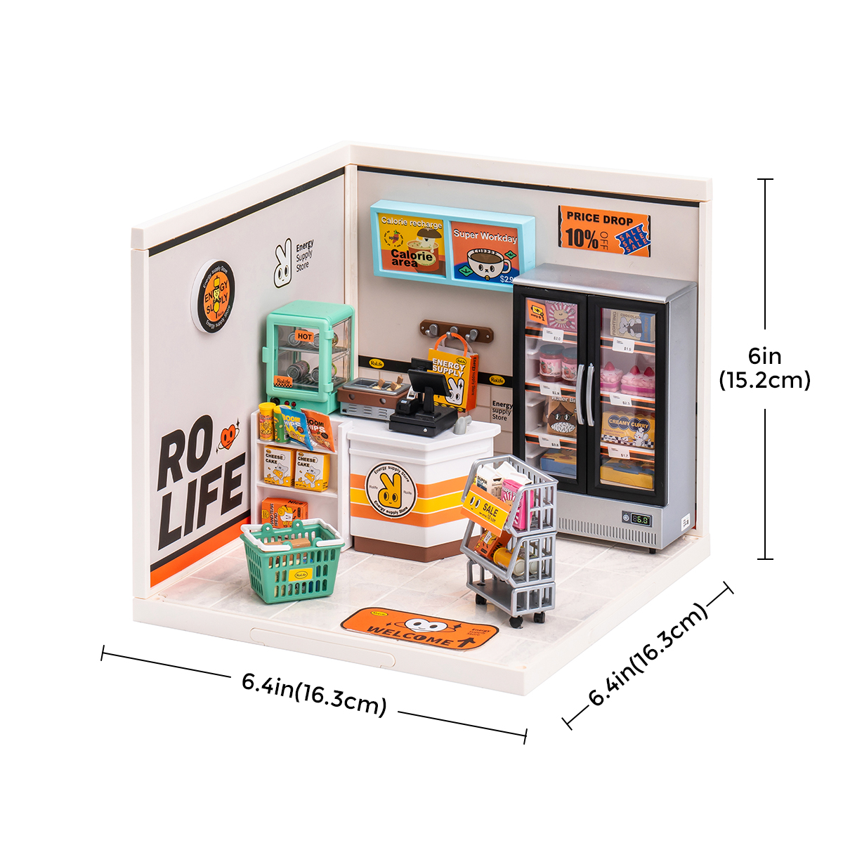 Rolife Energy Supply Store Super Creator Miniature House DW002 grafische afbeelding met afmetingen van 18,5 x 18,5 x 15 cm
