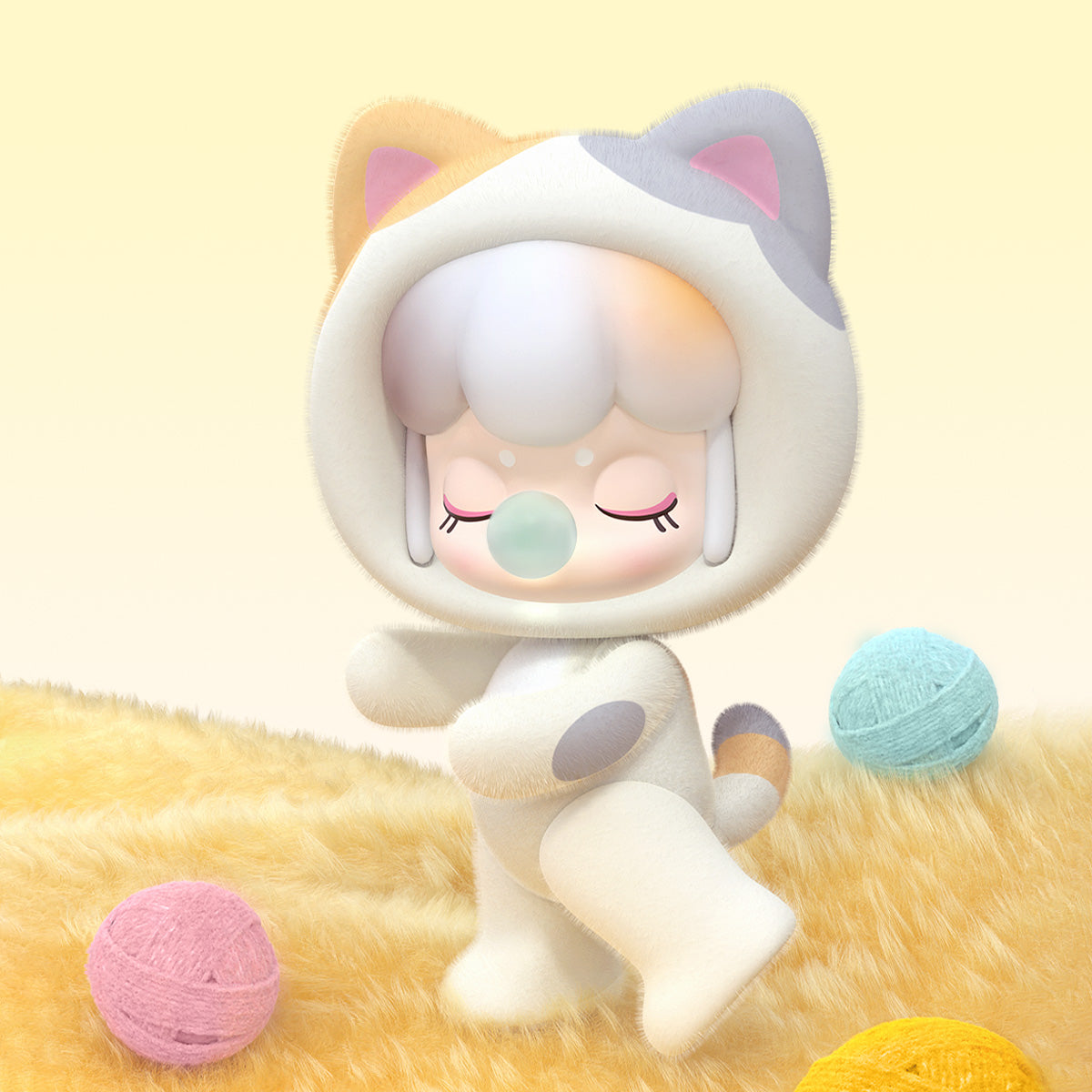 BabyNanci Fluffy Party kattenkostuumfiguur op een zachte pastelkleurige achtergrond