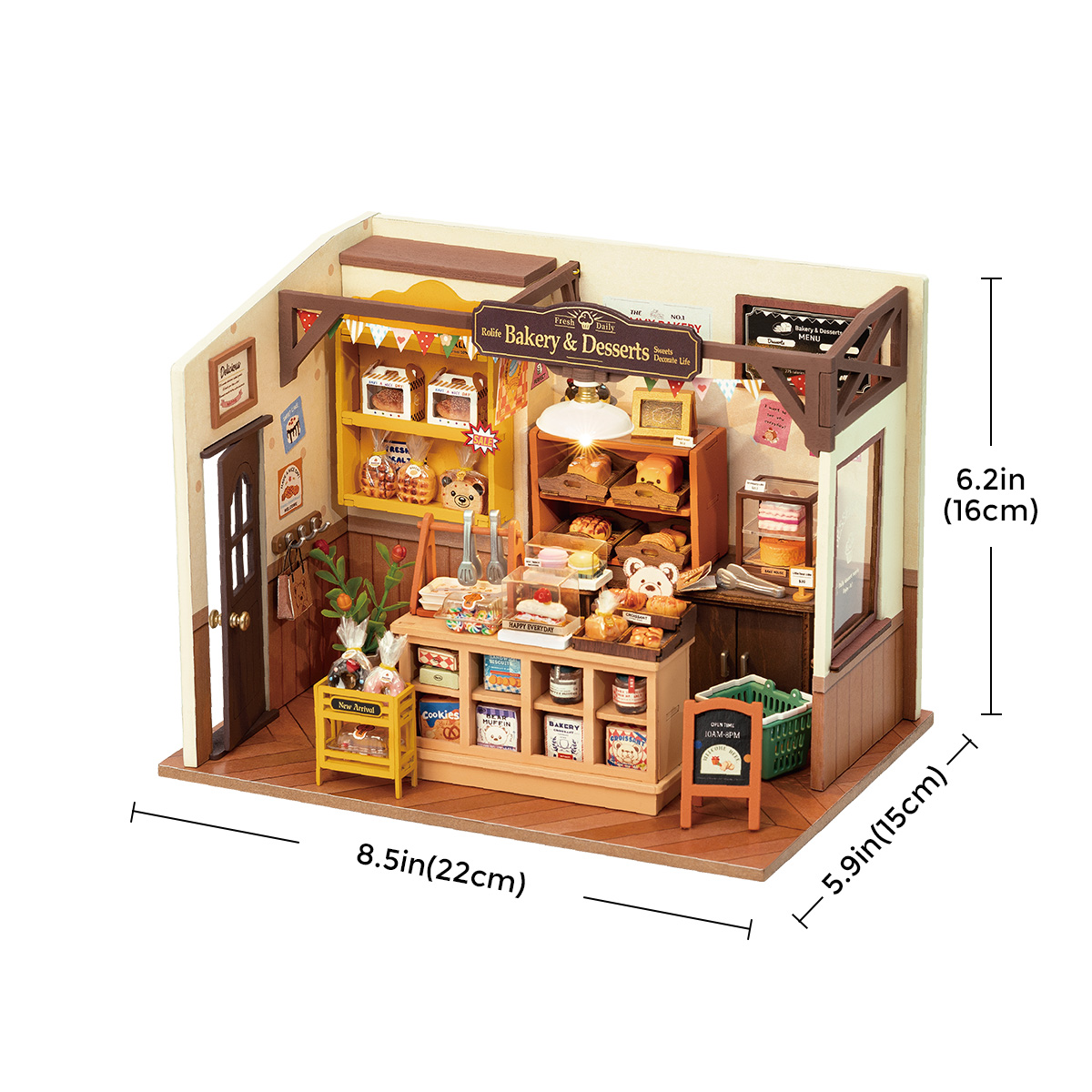 Rolife DIY Miniatuur Huis - Becka's Bakhuis DG161 formaat afbeelding met getoonde afmetingen 8,5 x 5,9 x 6,2 in