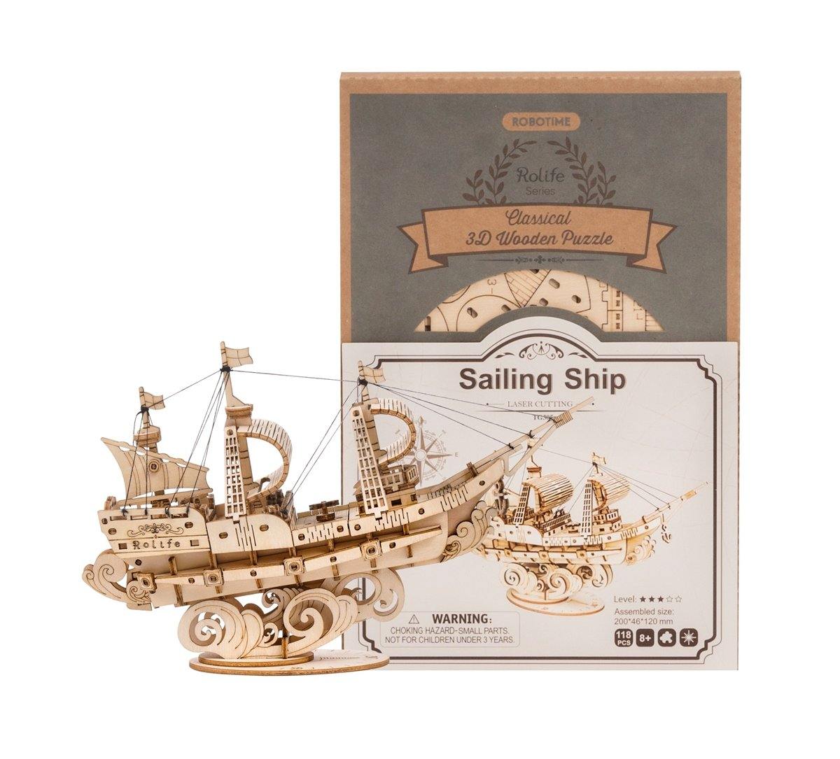 Rolife zeilschip pakketafbeelding met de doos en het voltooide scheepsmodel