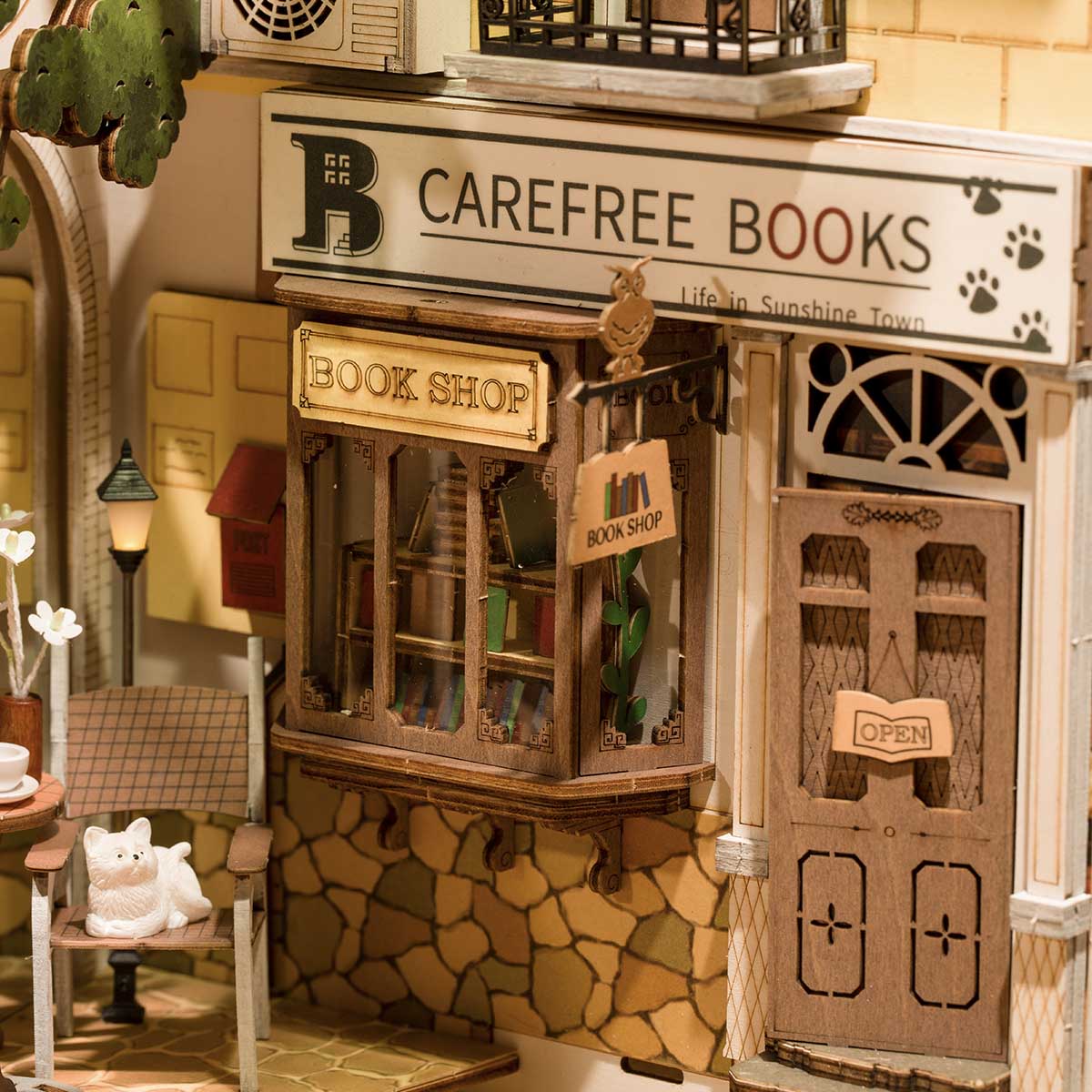 Rolife DIY Book Nook Kit Sunshine Town TGB02 Zorgeloze boeken winkelpui detail close-up