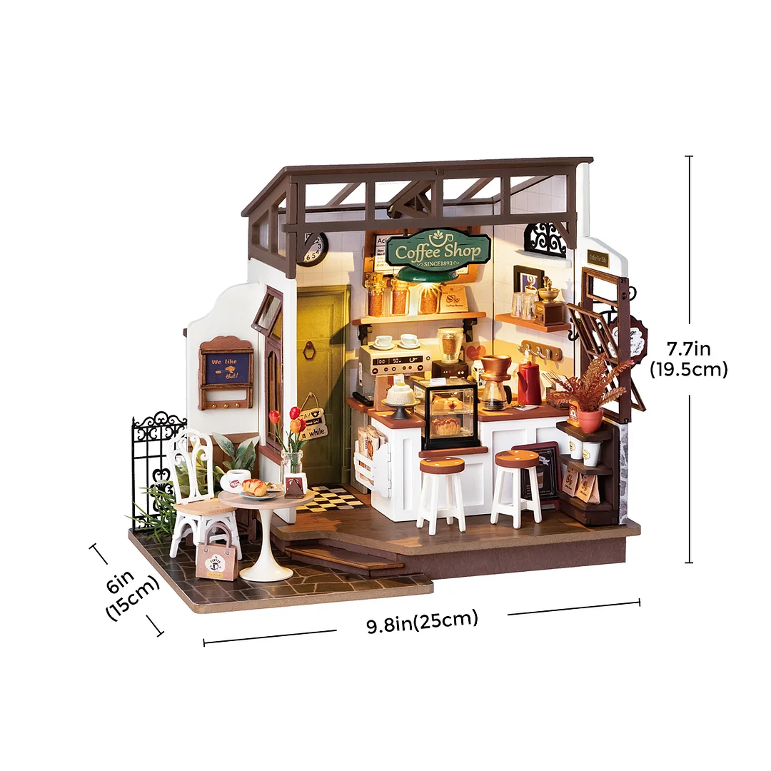 Rolife DIY Miniatuurhuis - Smaakvol Café DG162 formaat grafisch met getoonde afmetingen