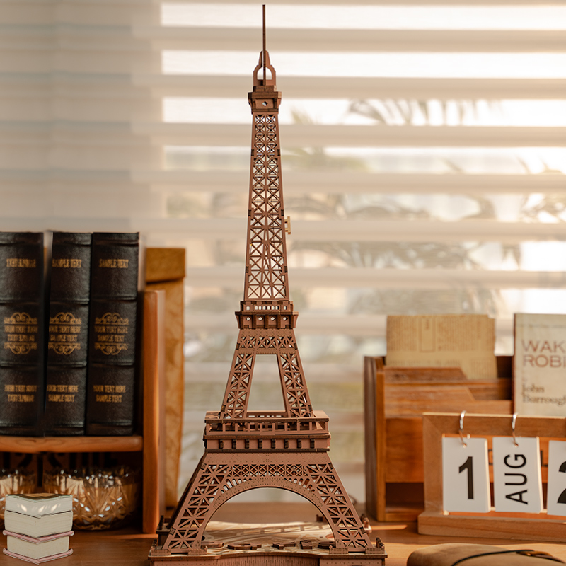 Rolife houten 3D-puzzel - Nacht van de Eiffeltoren TGL01 Eiffeltoren-display bij het raam