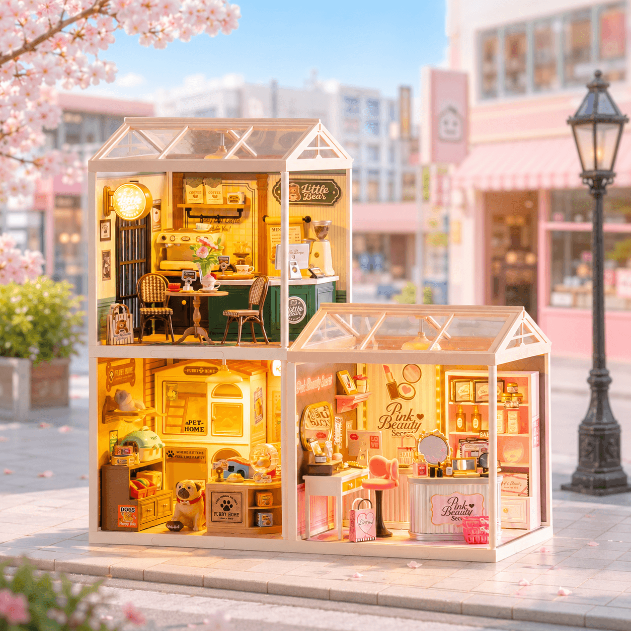Shopping Diary-seriedisplay met twee gloeiende miniatuurwinkelhuizen in een straat met kersenbloesem