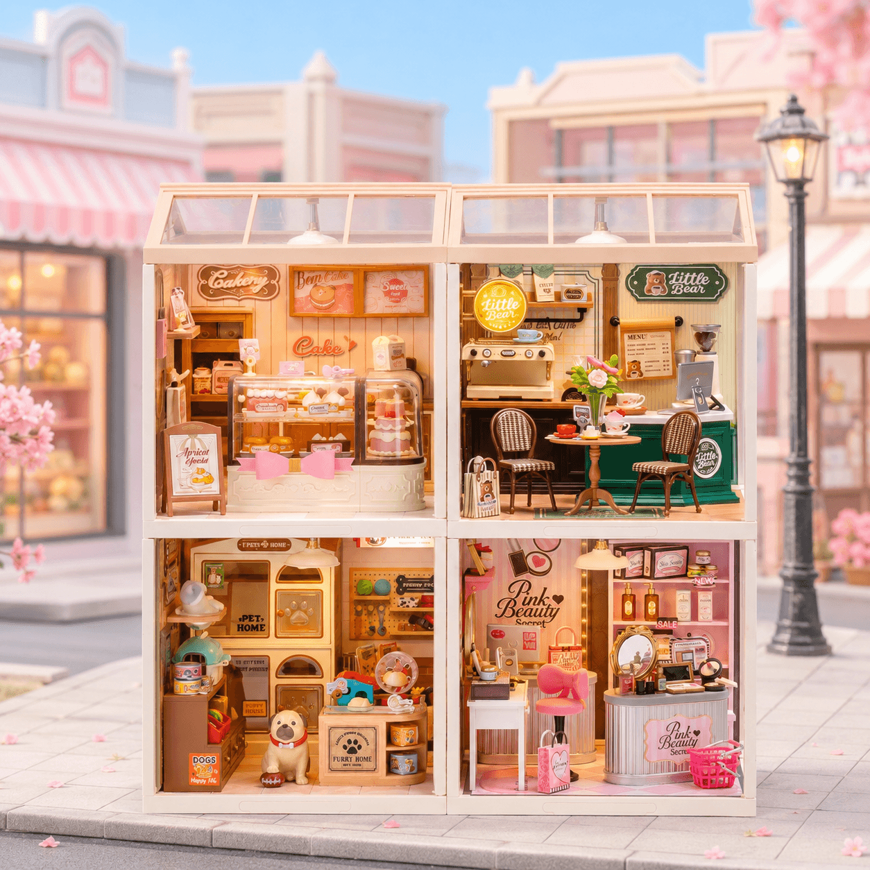 Shopping Diary-serie gestapelde display met vier modules met pastelkleurige miniatuurwinkels