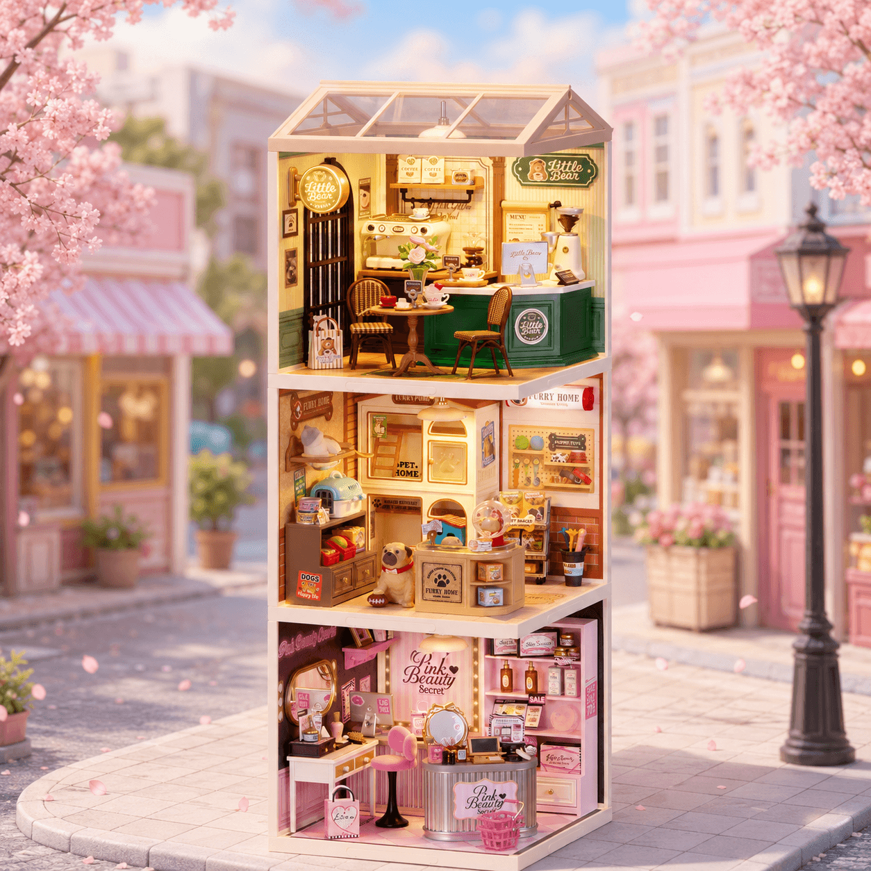 Shopping Diary-serie gestapelde display met drie miniatuurwinkelhuismodules