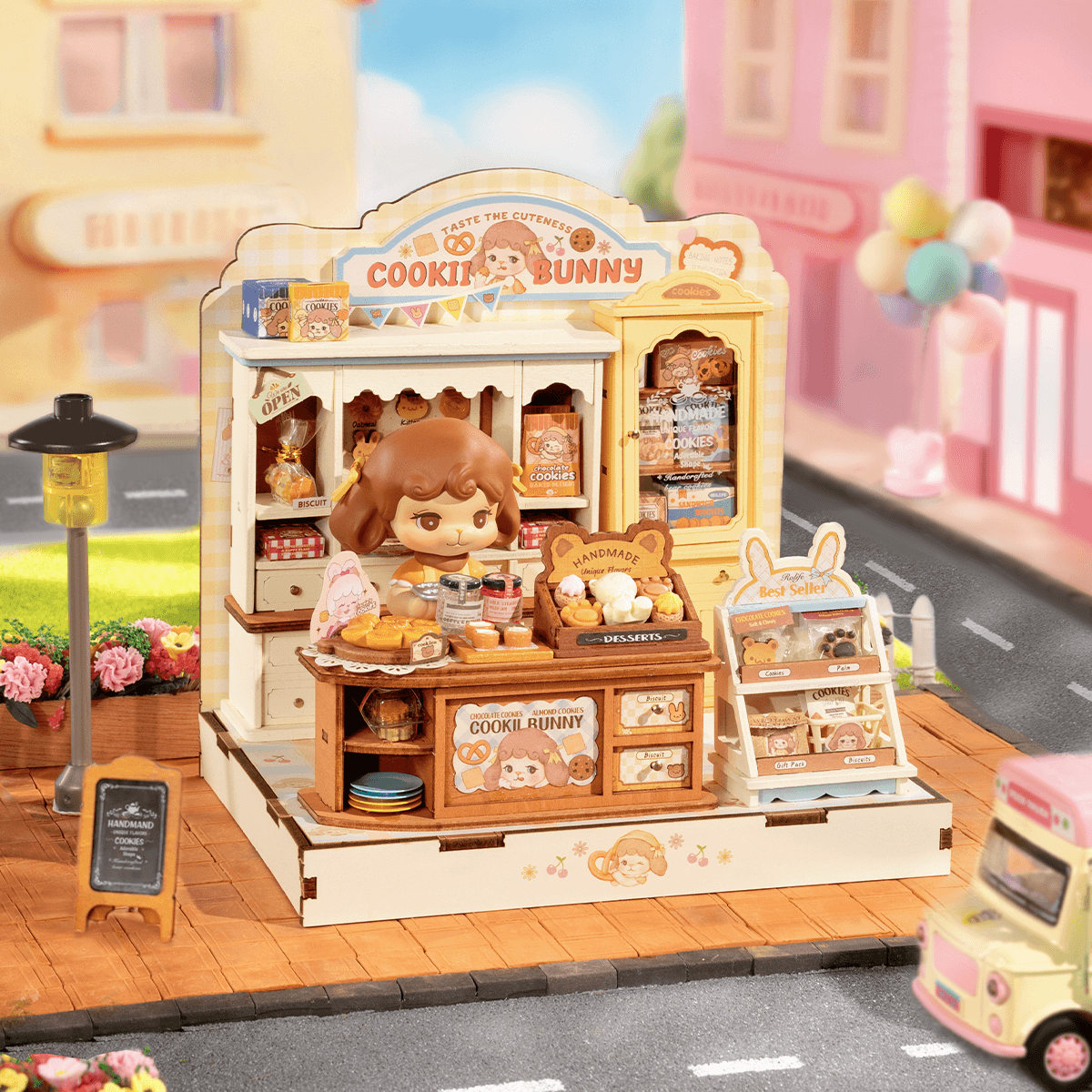 Rolife Cookii Bunny Cookie Shop DG177 miniatuur koekjeswinkel in een pastelkleurig straatbeeld