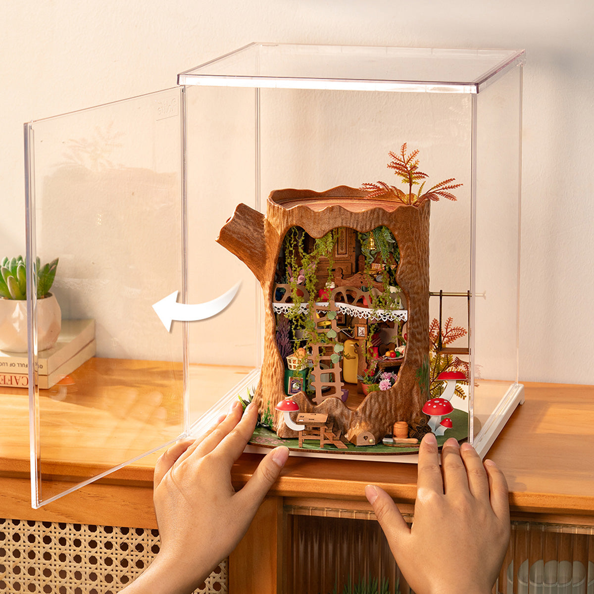 DF06L demonstratie van het openen van de voordeur met een miniatuurhuis in de vitrine