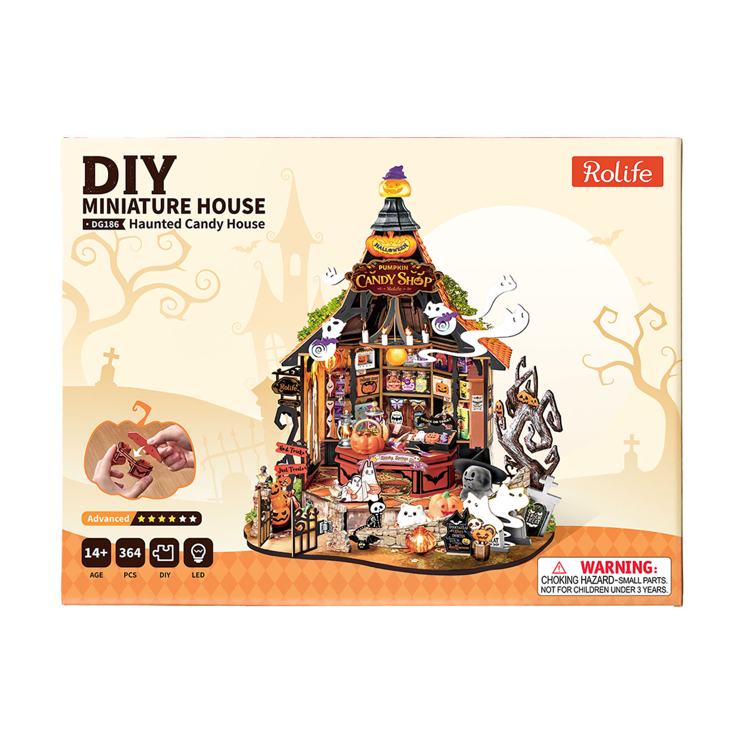 Rolife Haunted Candy House productverpakking met voltooid miniatuurhuis