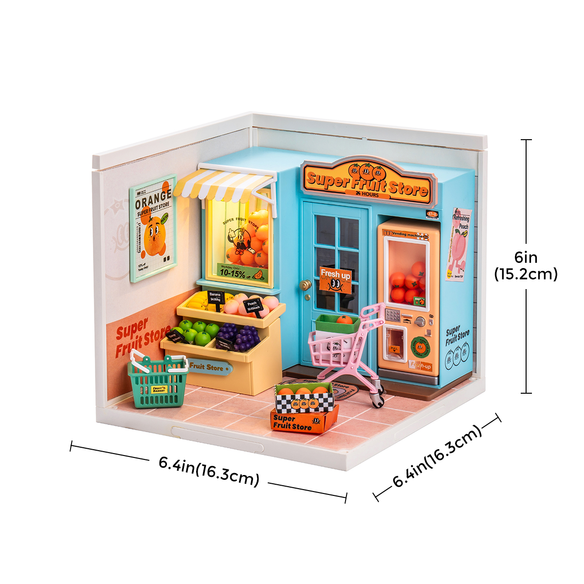 Rolife Super Fruit Store Super Creator Miniatuurhuis DW003 formaat afbeelding met getoonde afmetingen 6,4 x 6,4 x 6 inch