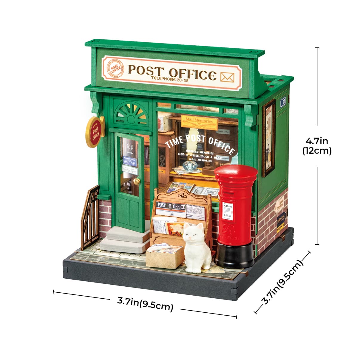 Rolife DIY miniatuurhuis - Century Post Office DS037 afbeelding op formaat met afgebeelde afmetingen van 3,7 x 3,7 x 4,7 inch