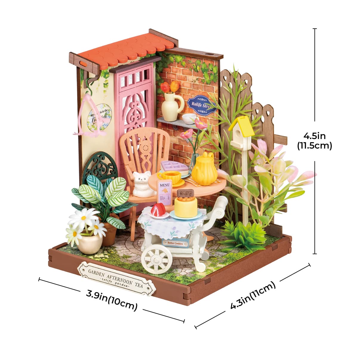 Rolife DIY Miniatuurhuis - Fancy Tea Yard DS038 maatafbeelding met getoonde afmetingen