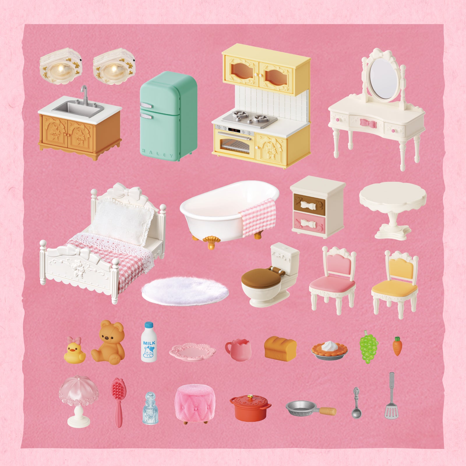 Rolife Fairy Rose Cottage HH001 accessoireset met miniatuurmeubels, borden, decor en gereedschap.
