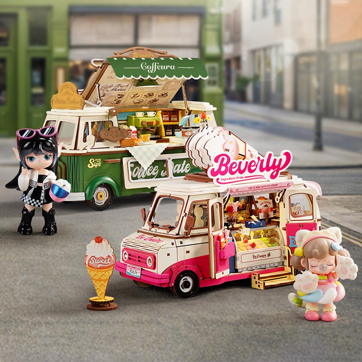 Beverly's Ice Cream Truck TGS06 combo-display met Leo's Coffee Truck en miniatuurfiguren