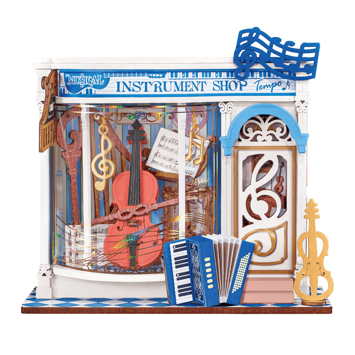 Rolife Melody Instrument Shop DS047 witte achtergrond miniatuur muziekwinkel productweergave