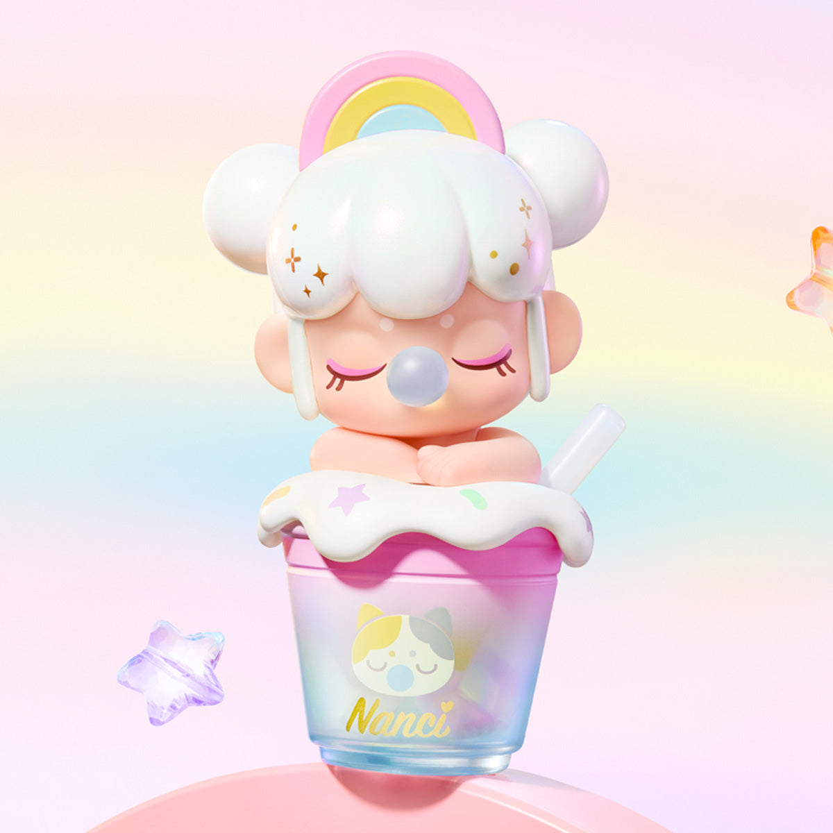 BabyNanci Milk Tea Series Rainbow Candy-figuur op een pastelkleurige achtergrond