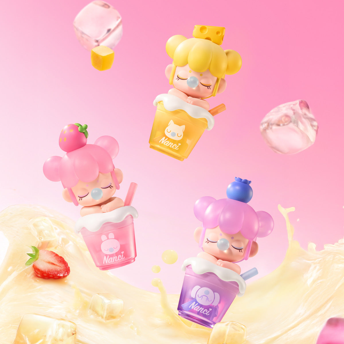 BabyNanci Milk Tea Series collectiescène met meerdere melktheekopjes figuren