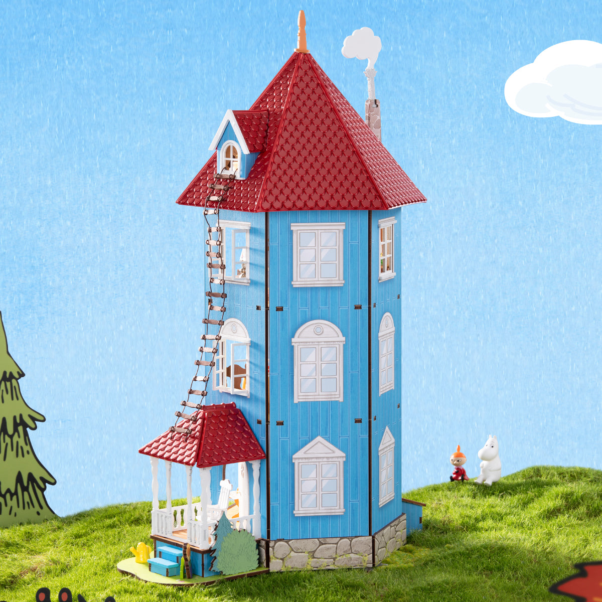 Rolife Moominhouse DIY miniatuurhuis buitenscène met blauwe muren en rood dak