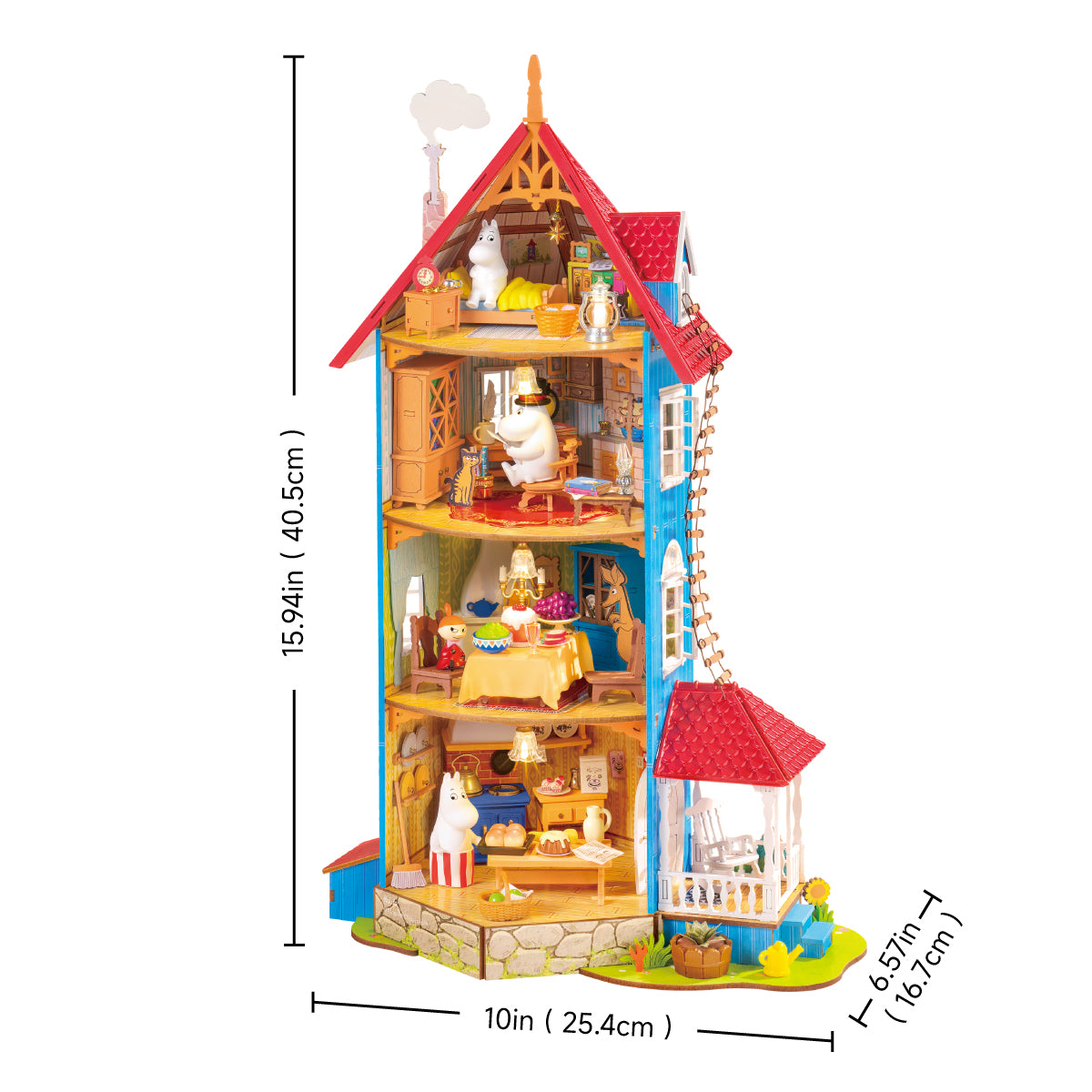Rolife Moominhouse DIY miniatuurhuis maattabel met afmetingen 25,4x16,7x40,5 cm