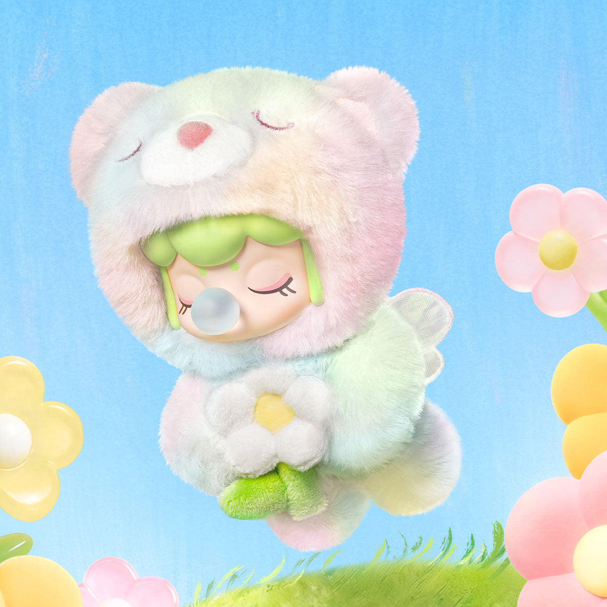 Rolife Nanci Spring Bear MN003 pluchen hanger met zachte vleugels en pastelkleurige bloemen.