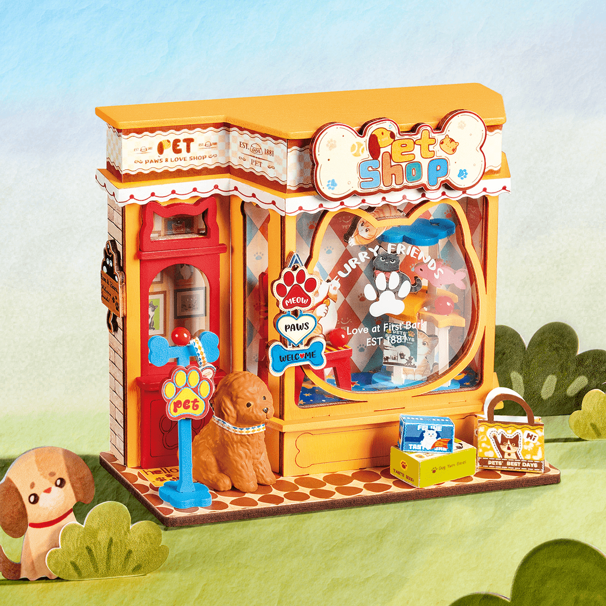 Rolife Pawfect Pet Shop DS045 miniatuur dierenwinkel in een speels buitentafereel
