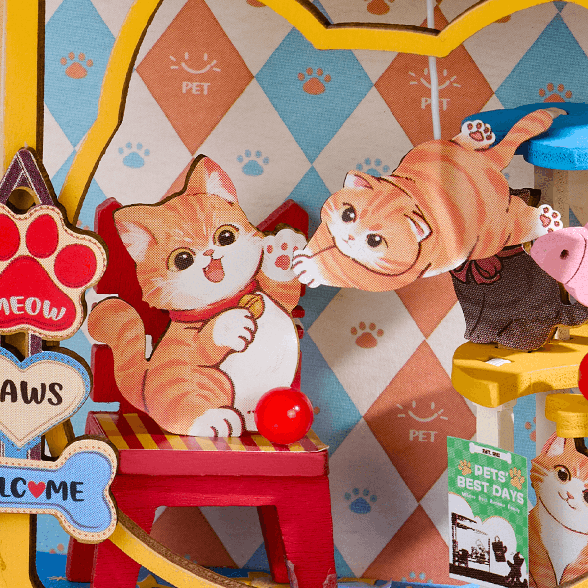 Pawfect Pet Shop DS045 close-up van kattenspeelruimte en kittenbehangdetails
