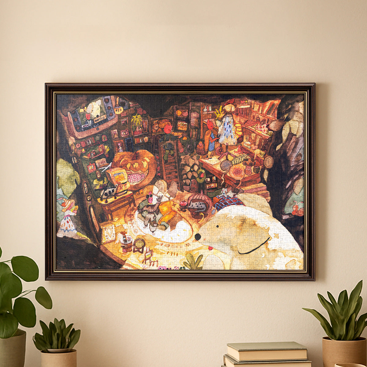 Rowood Tree House Tale PT010 ingelijst 1000-delig legpuzzel weergegeven op een muur