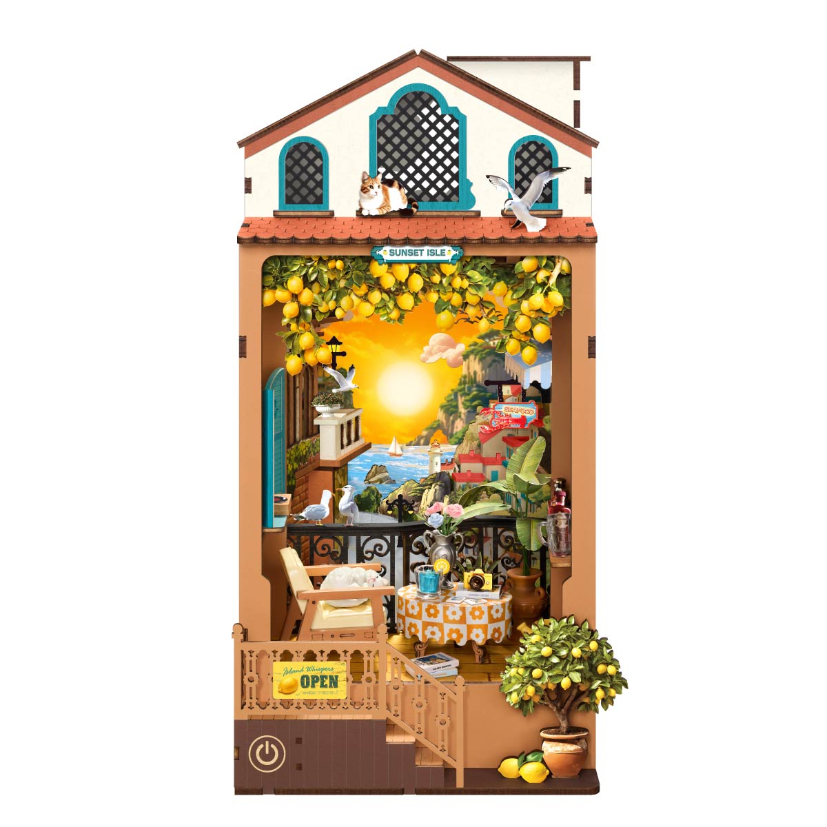 Rolife DIY Book Nook Kit Sunset Isle TGB18 witte achtergrond vooraanzicht