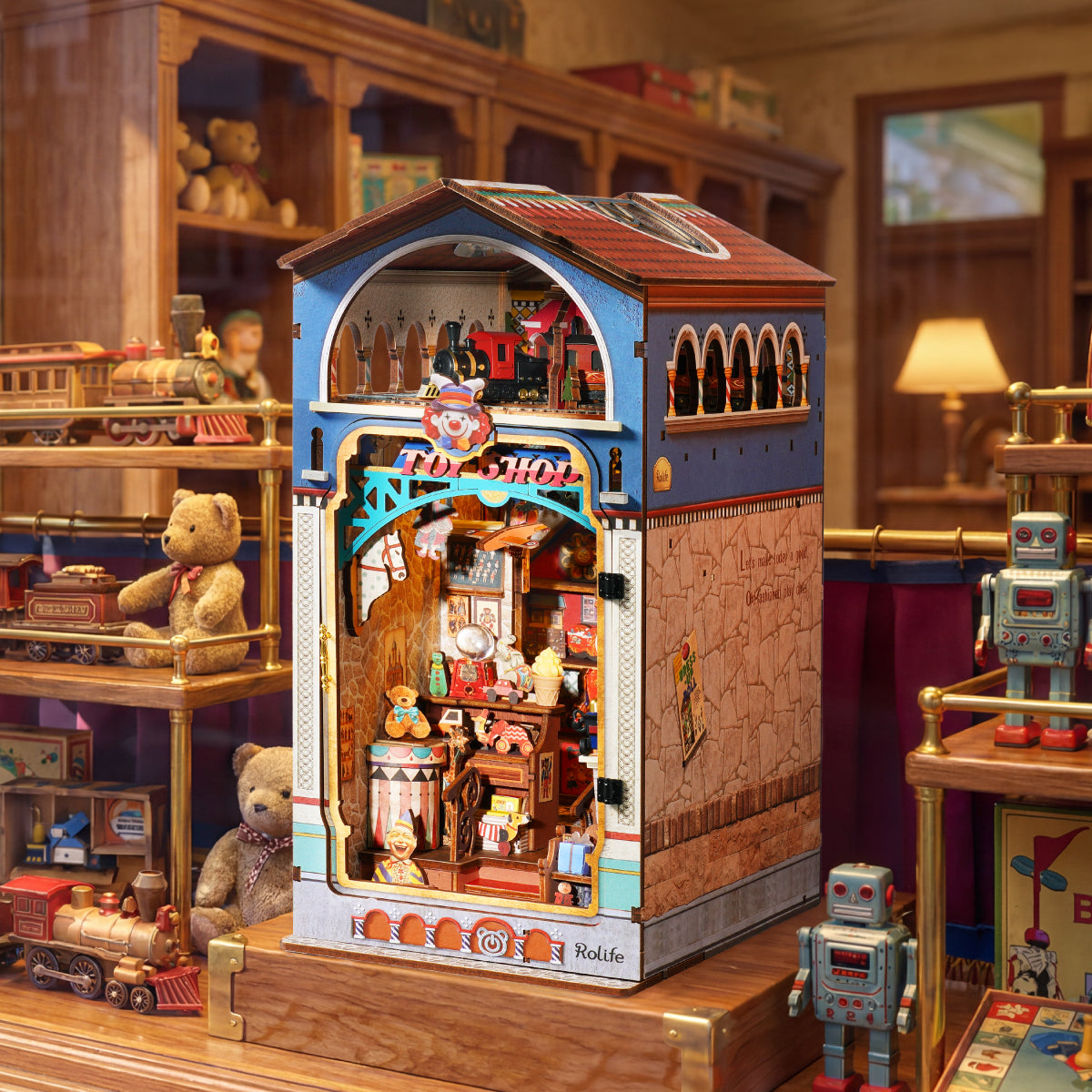 Treasure Toy Shop DIY Book Nook speelgoedwinkelscène met teddyberen, treinen en robots