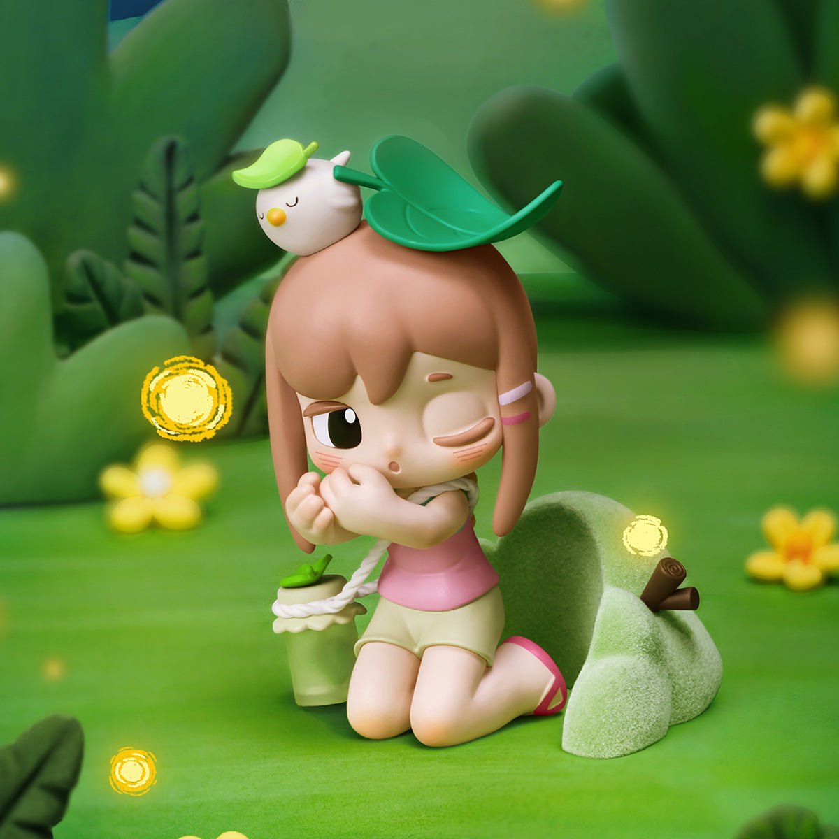 Yozco Mood Diary Firefly Glow-figuur geknield met gloeiende vuurvliegjes in een bostafereel