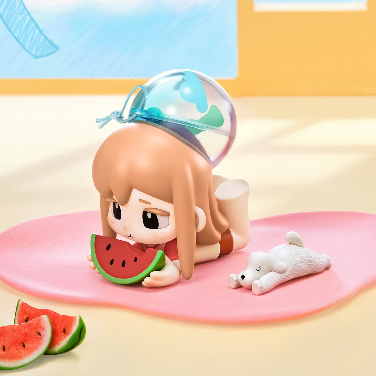 Yozco Mood Diary Melon Melody-figuur liggend naast een schijfje watermeloen