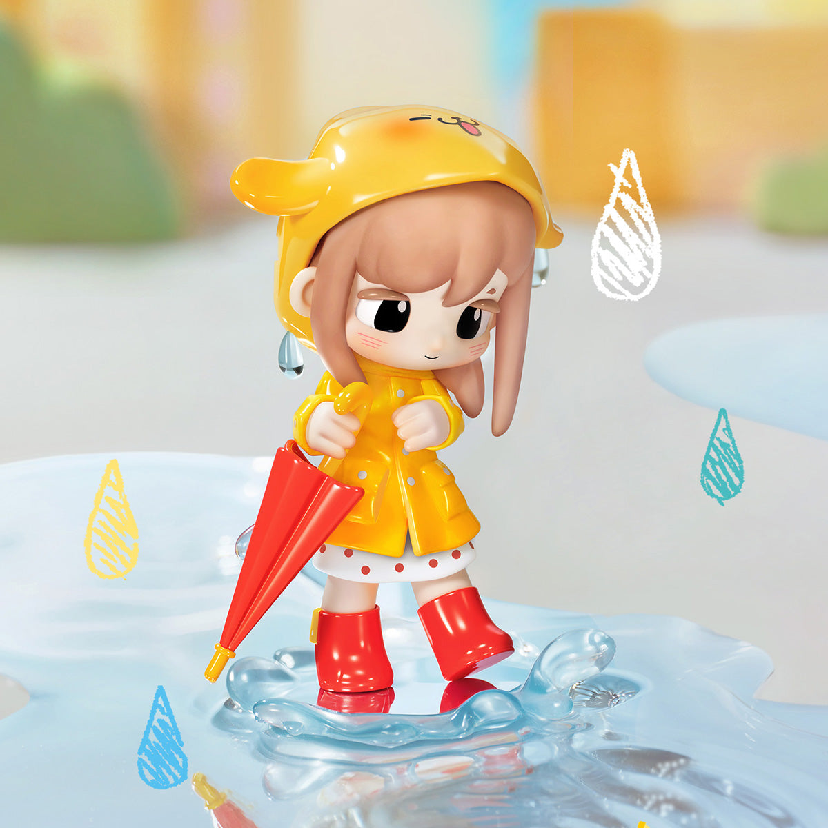 Yozco Mood Diary Puddle Jump-figuur in een gele regenjas met een rode paraplu