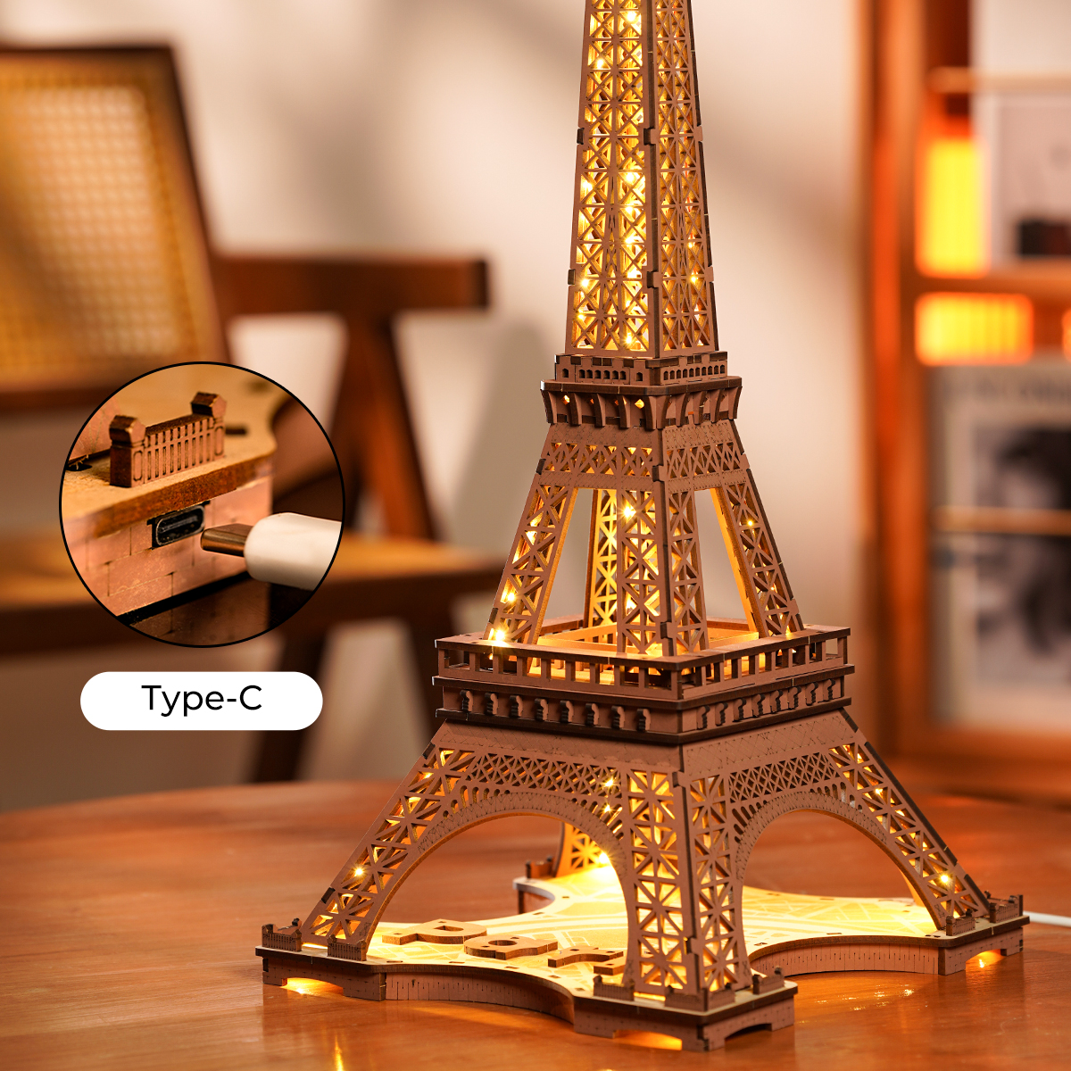 Rolife 3D Houten Puzzel - Nacht van de Eiffeltoren TGL01 warm licht Eiffeltoren weergavescène