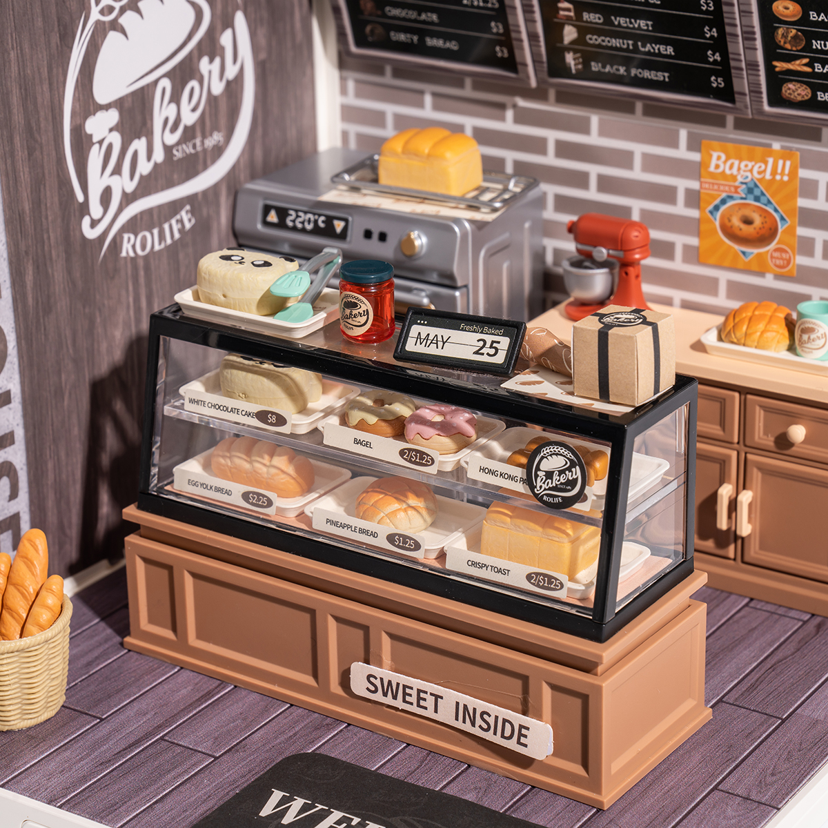 Rolife Golden Wheat Bakery Super Creator Miniatuurhuis DW005B Bakkerijtoonbankdetail close-up