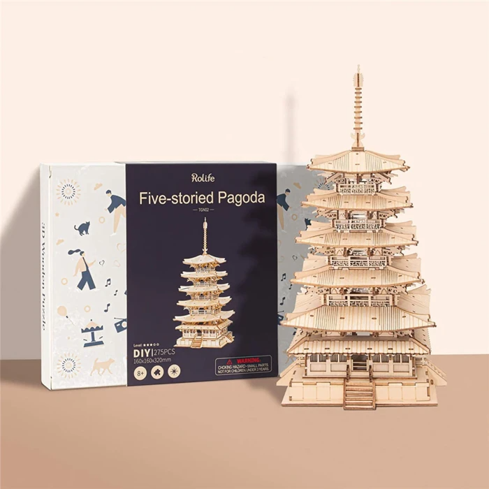 Rolife moderne houten 3D-puzzel - Pagode met vijf verdiepingen TGN02 productpakket