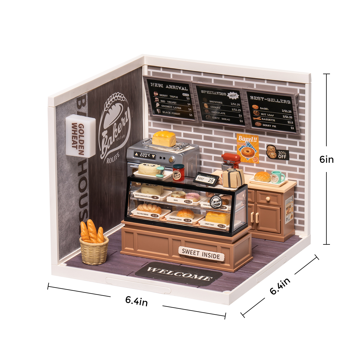 Rolife Golden Wheat Bakery Super Creator Miniature House DW005B formaat afbeelding met Getoonde afmetingen 6,4 x 6,4 x 6 inch
