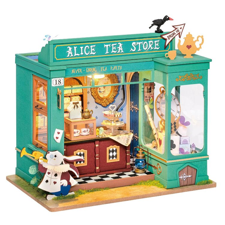 Alice's Tea Store DG156 productaanzicht witte achtergrond met blauwgroen theewinkelgevel