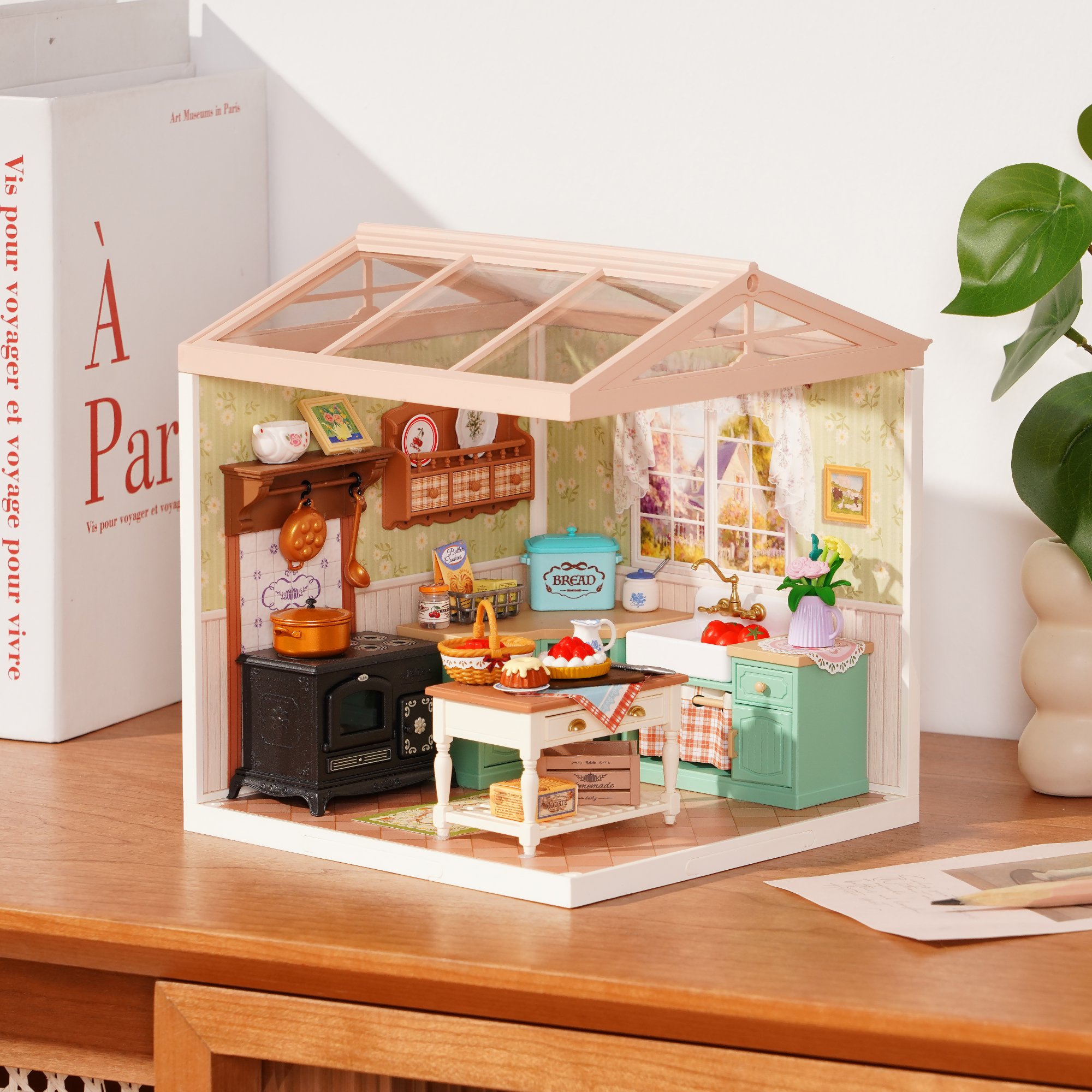 Rolife boerderijkeuken DW024 miniatuurkamer in een thuisscène op een tafelblad