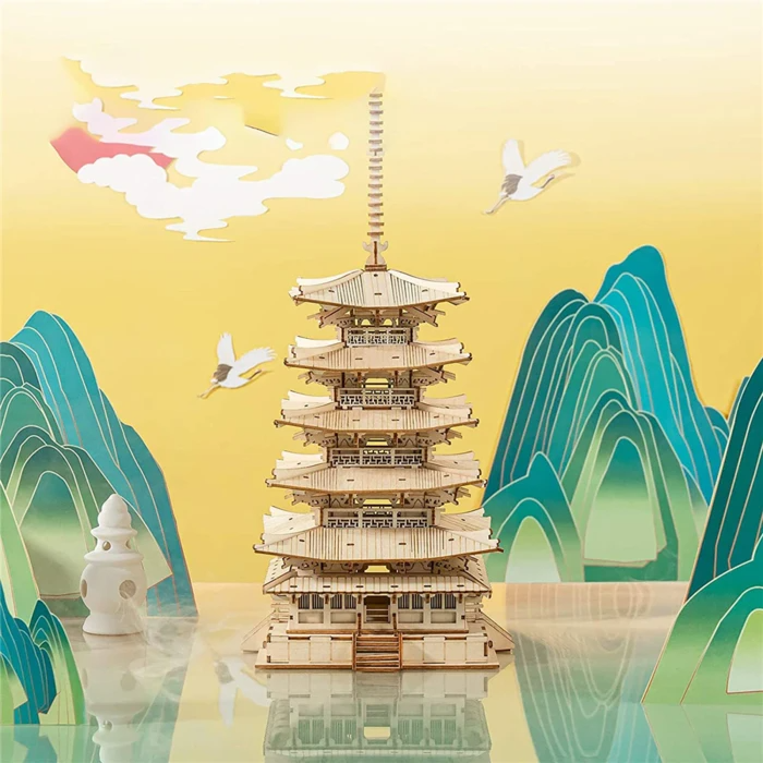 Rolife moderne houten 3D-puzzel - Pagode met vijf verdiepingen TGN02 tafelbladscène