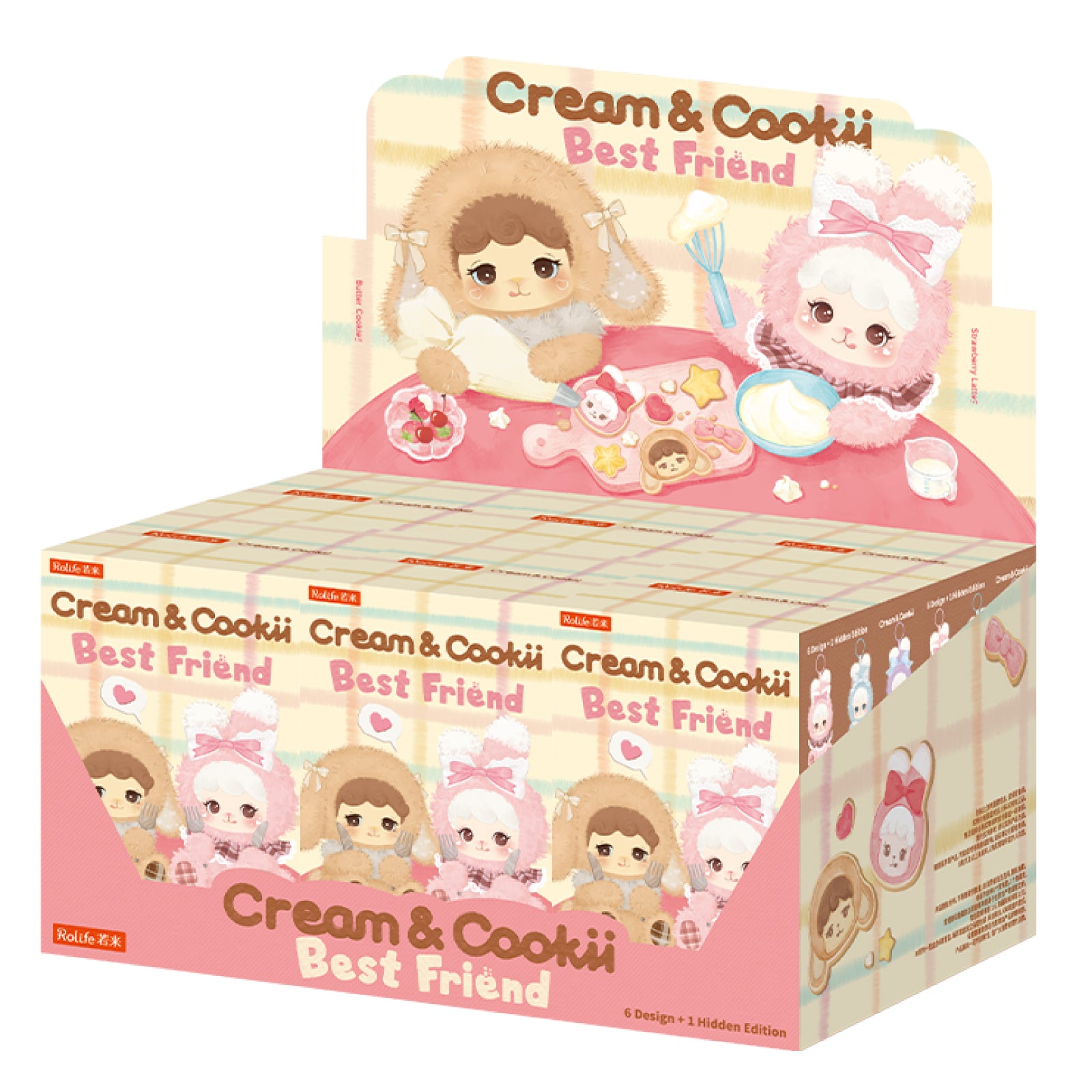 Crema y Cookii Bunny Best Friend caja ciega vitrina sobre fondo blanco.