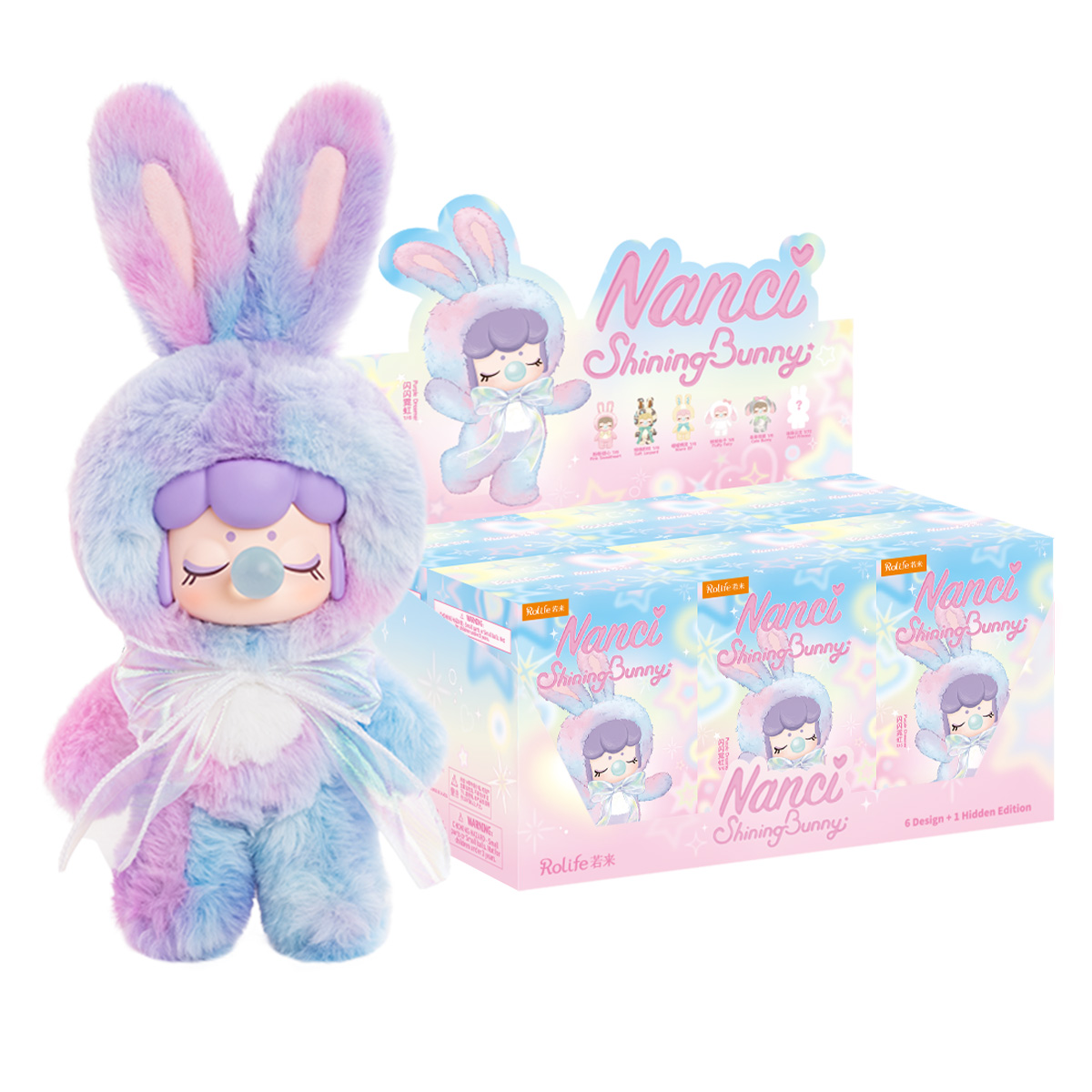 Gráfico del título Shining Bunny MNBXX de Nanci con un muñeco de peluche destacado y un paquete de caja ciega